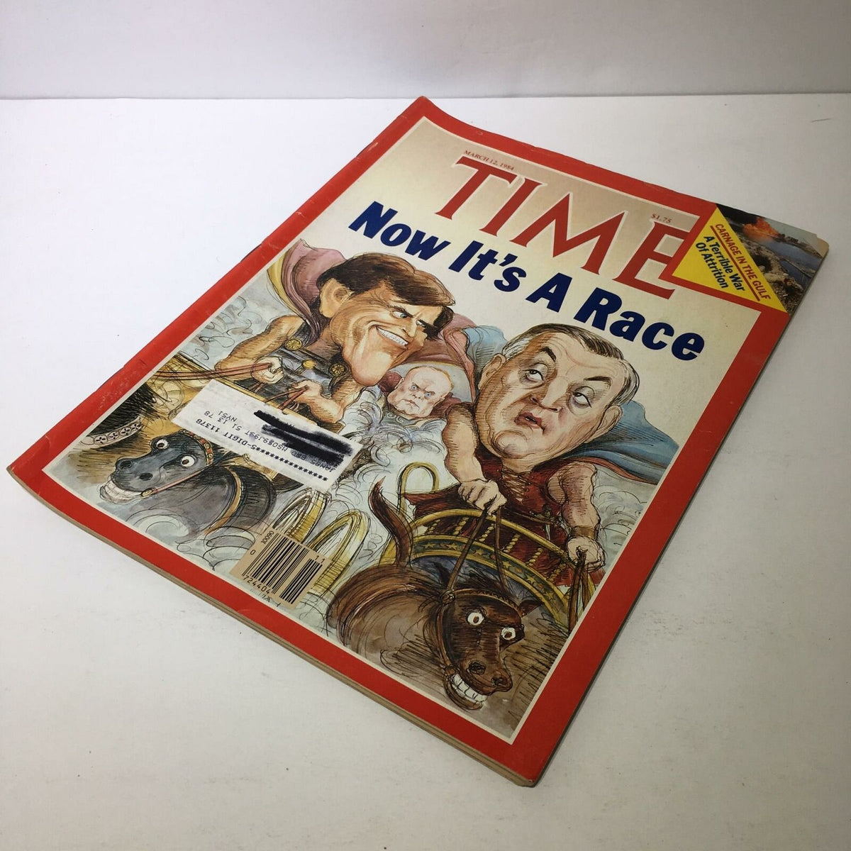 Cover of Time Magazine from March 12, 1984 titled 'Now It's A Race', showcasing a political cartoon theme with characters and horses.