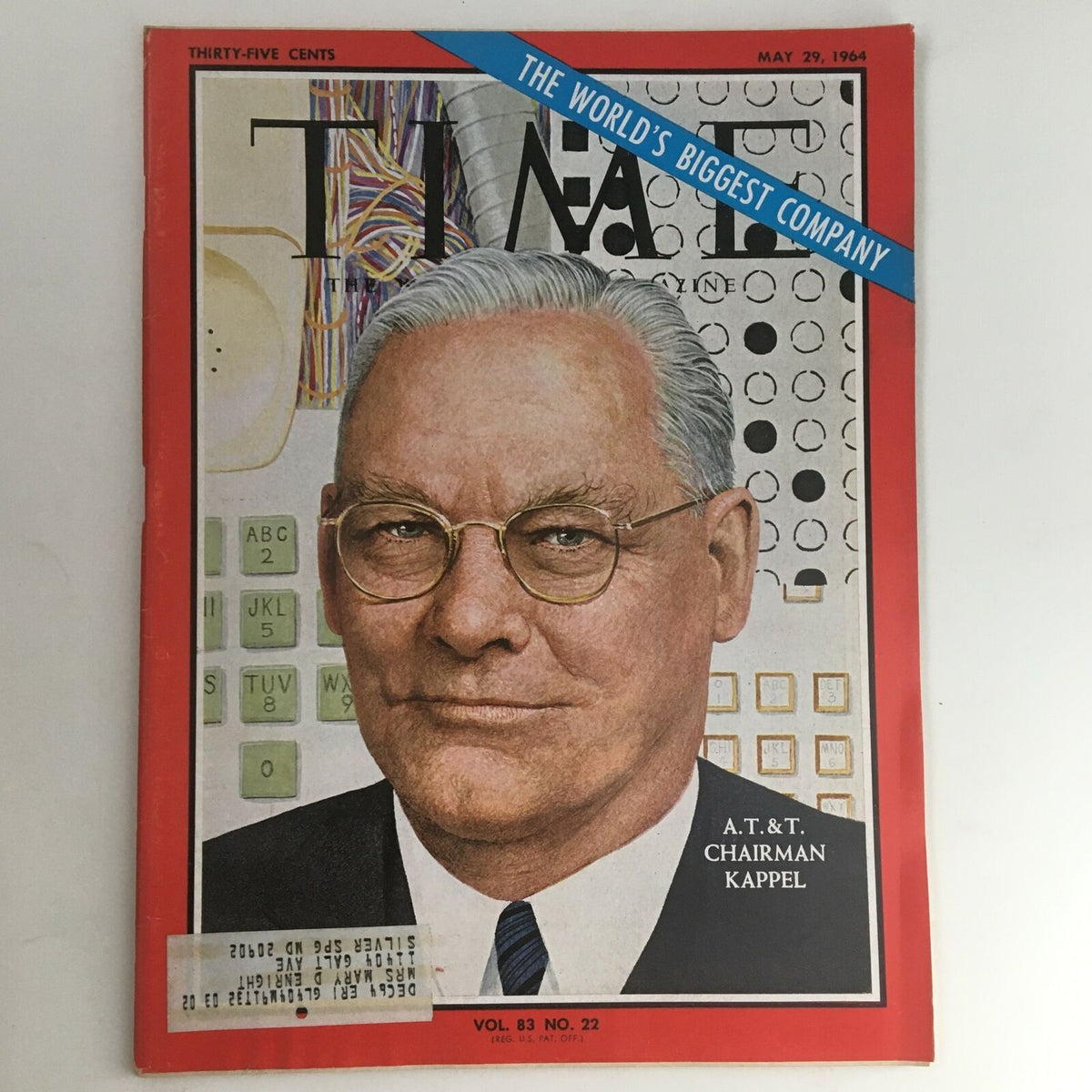 Cover of Time Magazine dated May 29, 1964, Vol. 83 No. 22, featuring A.T. & T. Chairman Fred Kappel, highlighting corporate themes and technological imagery.