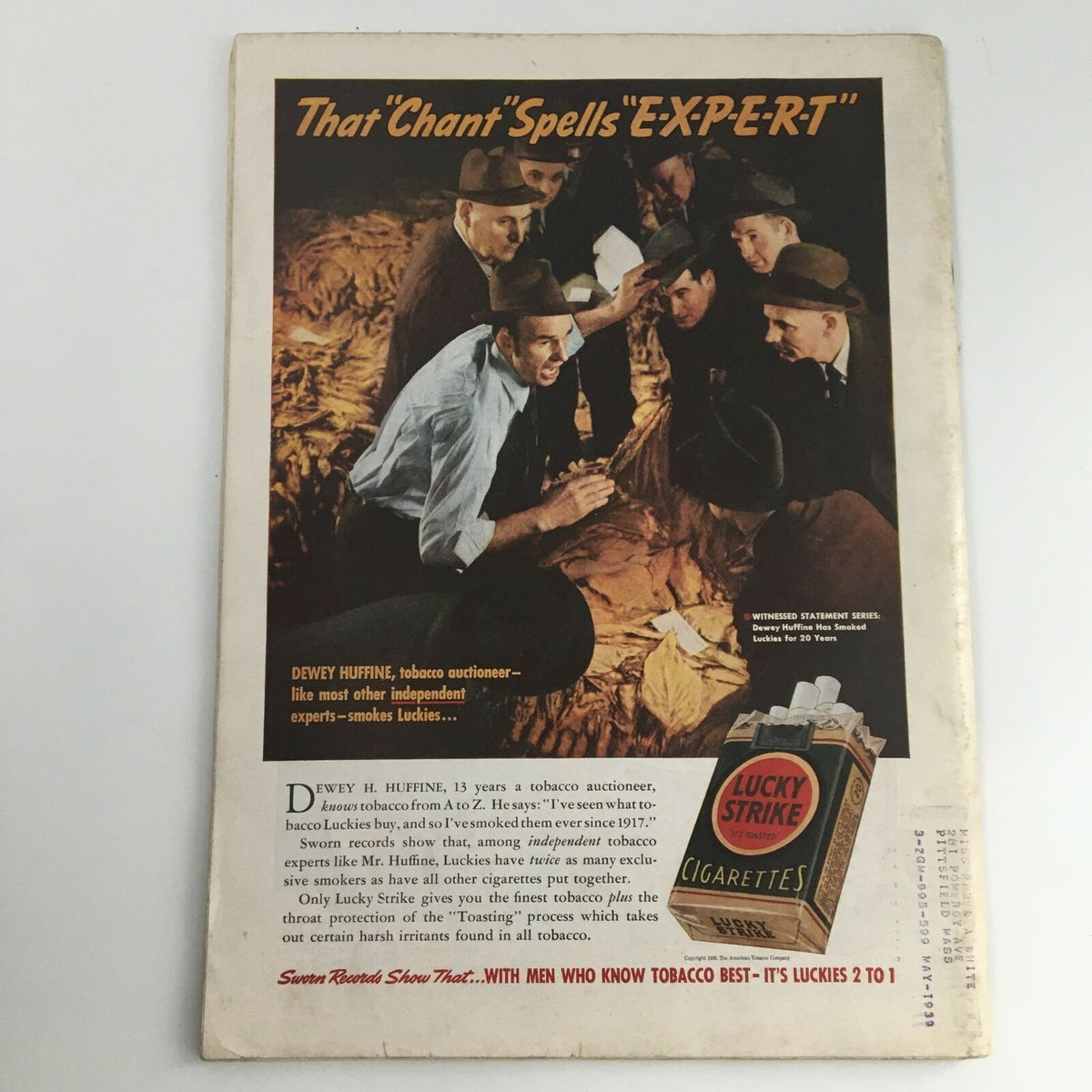 Time Magazine May 16 1938 advertisement page featuring Dewey Huffine, a tobacco auctioneer promoting Lucky Strike cigarettes, illustrating vintage advertising styles.