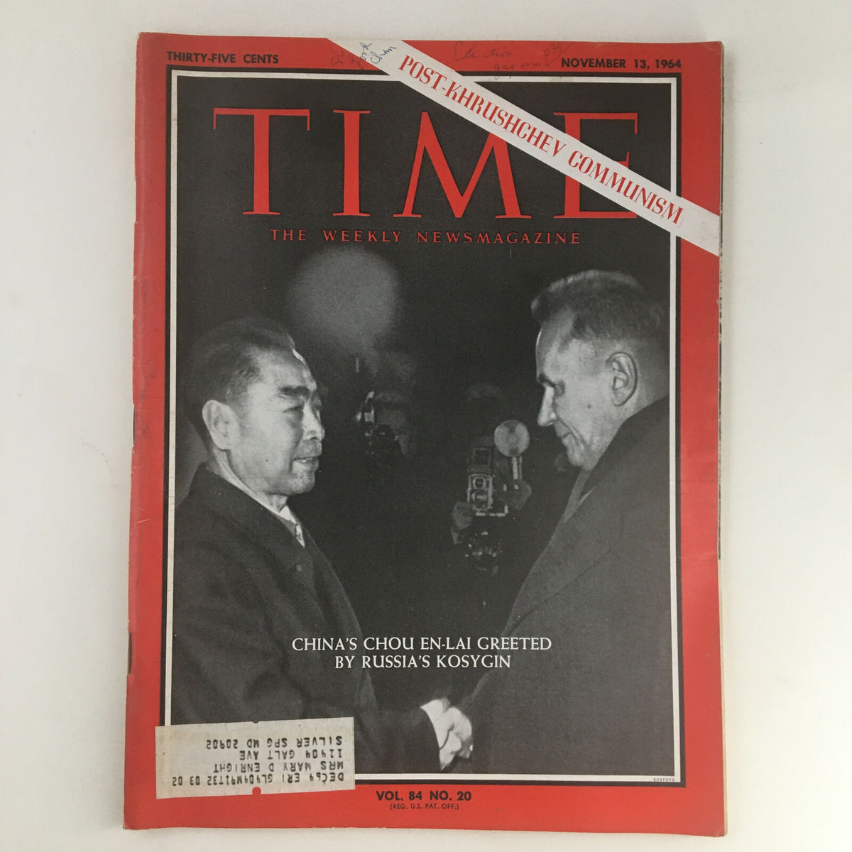 Time Magazine November 13, 1964, featuring the cover with Chou En-Lai and Alexei Kosygin handshake, highlighting post-Khrushchev communism.