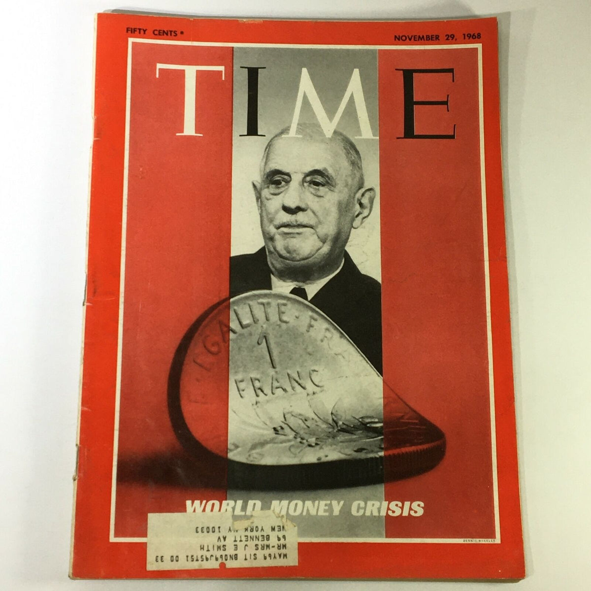 Cover of VTG Time Magazine November 29 1968 featuring the headline 'World Money Crisis' with an image of a coin and a portrait of a man, highlighting economic discussions in France.