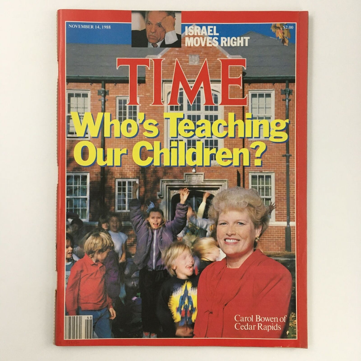 Time Magazine November 14 1988 featuring Carol Bowen from Cedar Rapids, with the cover story 'Who's Teaching Our Children?' showcasing a vibrant scene with children and educational themes.