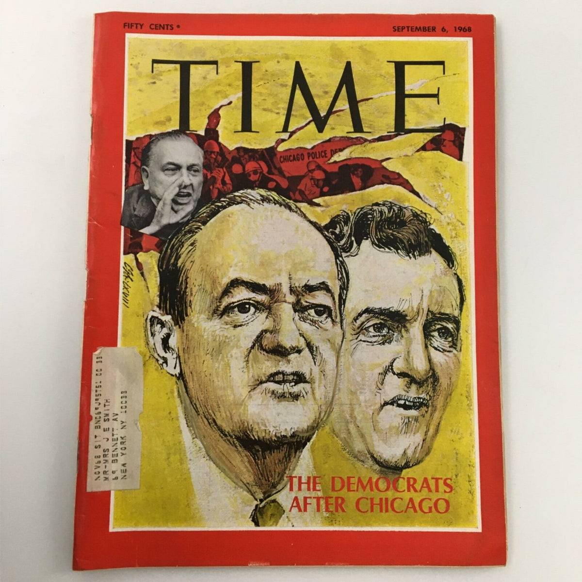 Cover of VTG Time Magazine from September 6, 1968 titled 'The Democrats After Chicago,' featuring illustrations of two prominent politicians against a backdrop reflecting the 1968 Democratic National Convention.