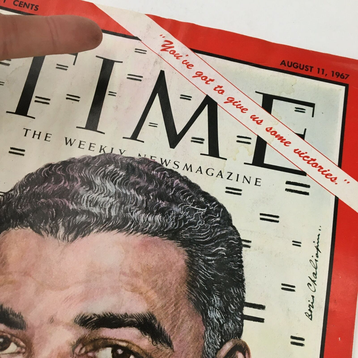 Close-up of Time Magazine cover from August 11 1967, Vol. 90 No. 6, highlighting Urban League's Whitney Young. Features the quote 'You've got to give us some victories.' Detailed view of magazine condition and artwork.