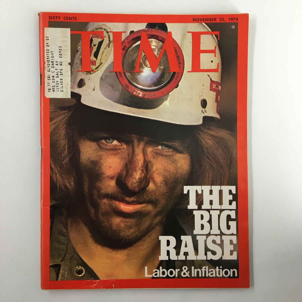 VTG Time Magazine November 25 1974 featuring 'The Big Raise' cover story on Labor and Inflation, showcasing a miner wearing a helmet and headlamp, symbolizing the economic challenges of the 1970s.