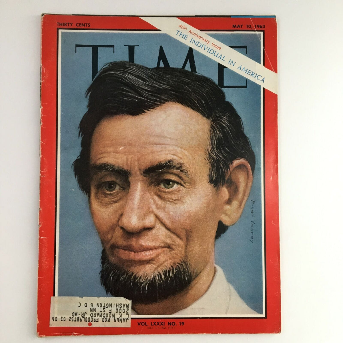 Cover of Time Magazine May 10, 1963, featuring Abraham Lincoln, titled 'The Individual in America', showcasing detailed artwork and vintage design.