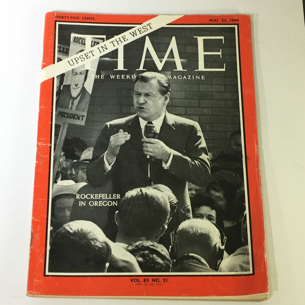 Vintage Time Magazine cover from May 22, 1964, featuring a prominent image of Nelson Rockefeller speaking in Oregon with the headline 'Upset in the West.'