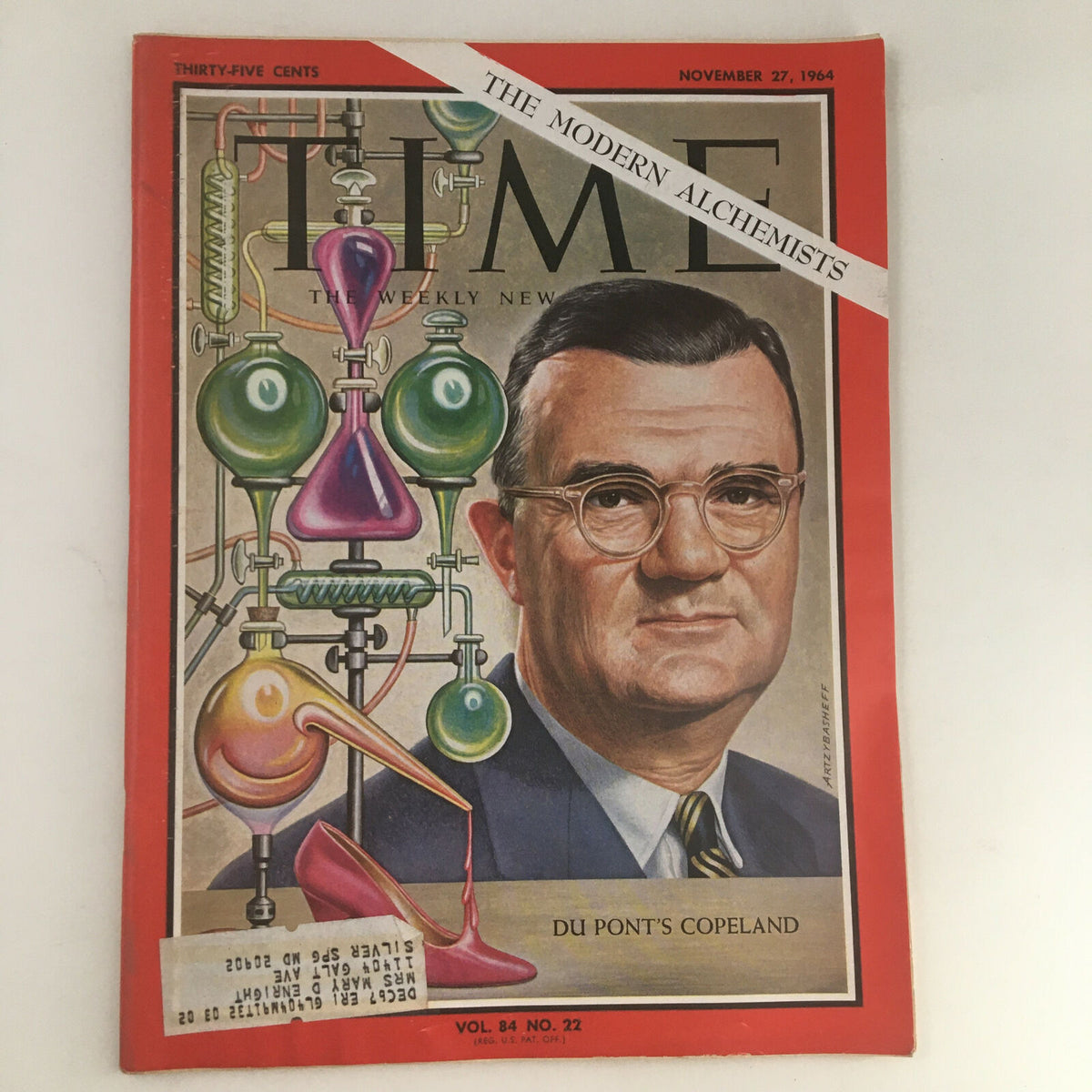 Time Magazine November 27, 1964, Vol. 84 No. 22 cover featuring Du Pont's Copeland, illustrated with colorful laboratory equipment and chemistry symbols, highlighting the theme 'The Modern Alchemists'.