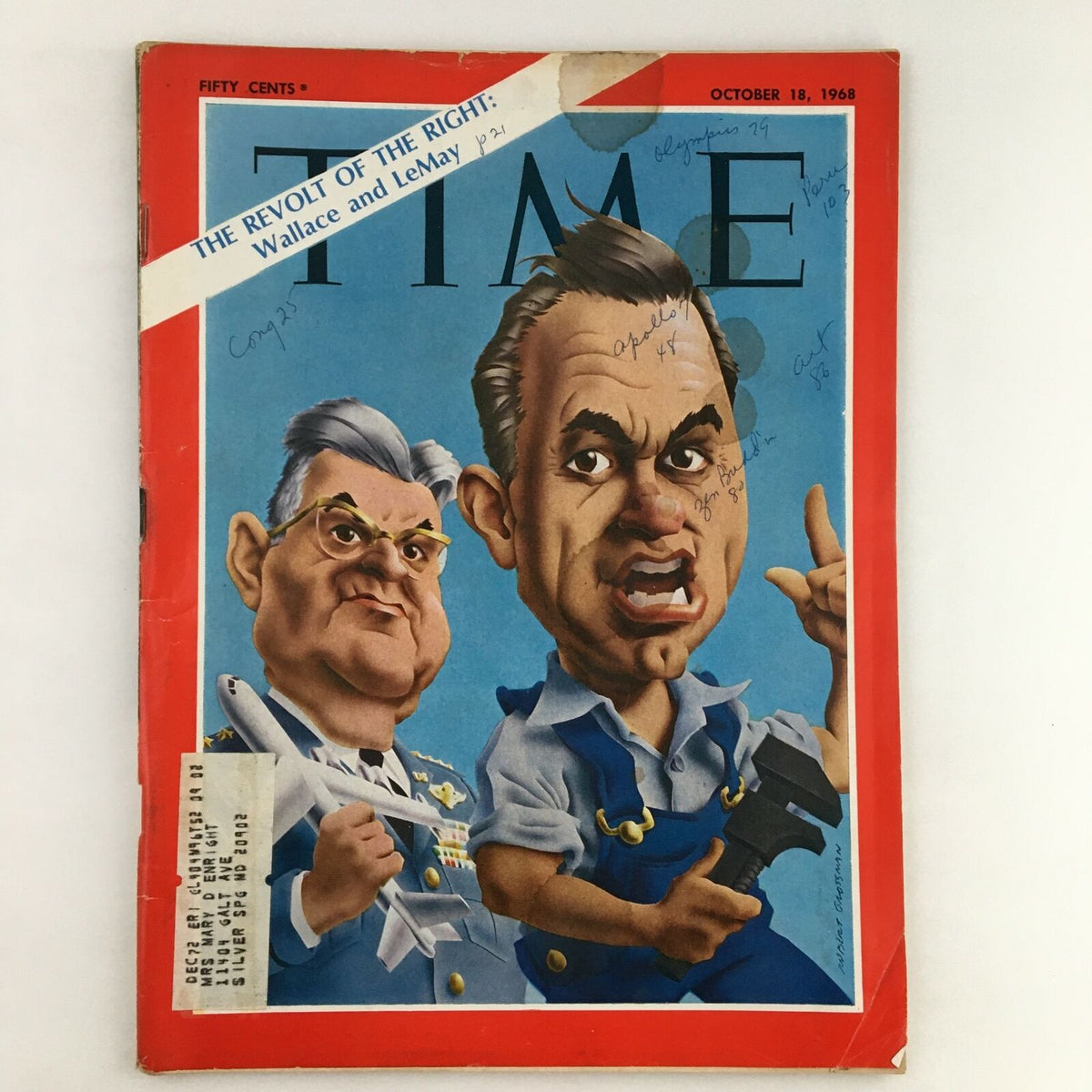 Time Magazine October 18, 1968, featuring a cover illustration of political figures Wallace and LeMay, titled 'The Revolt of the Right', showcasing their caricatures against a bright blue background.