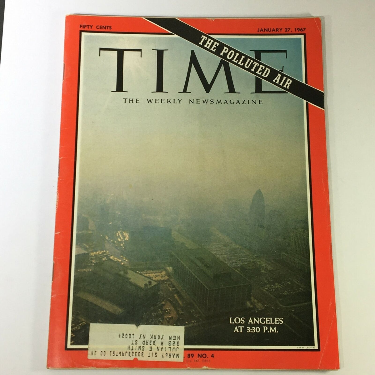 Vintage Time Magazine cover from January 27, 1967, featuring the title 'The Polluted Air in Los Angeles'. The cover displays a hazy Los Angeles skyline with bold headlines.