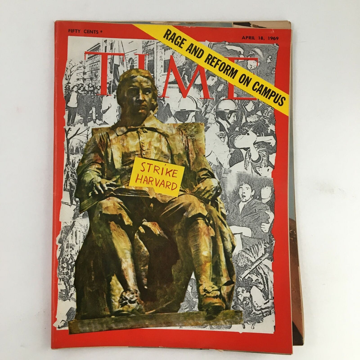 Time Magazine April 18 1969 cover featuring the title 'Rage and Reform on Campus' with the bold message 'STRIKE HARVARD' on a graphic background depicting protest images.