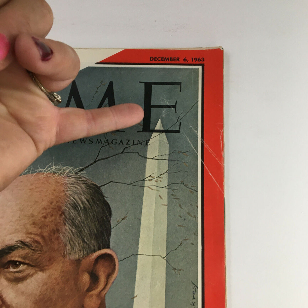 Close-up view of the Time Magazine December 6 1963 cover, showing the title 'TIME' and Secretary of State Dean Rusk, a glimpse into the political scene of the early 1960s.