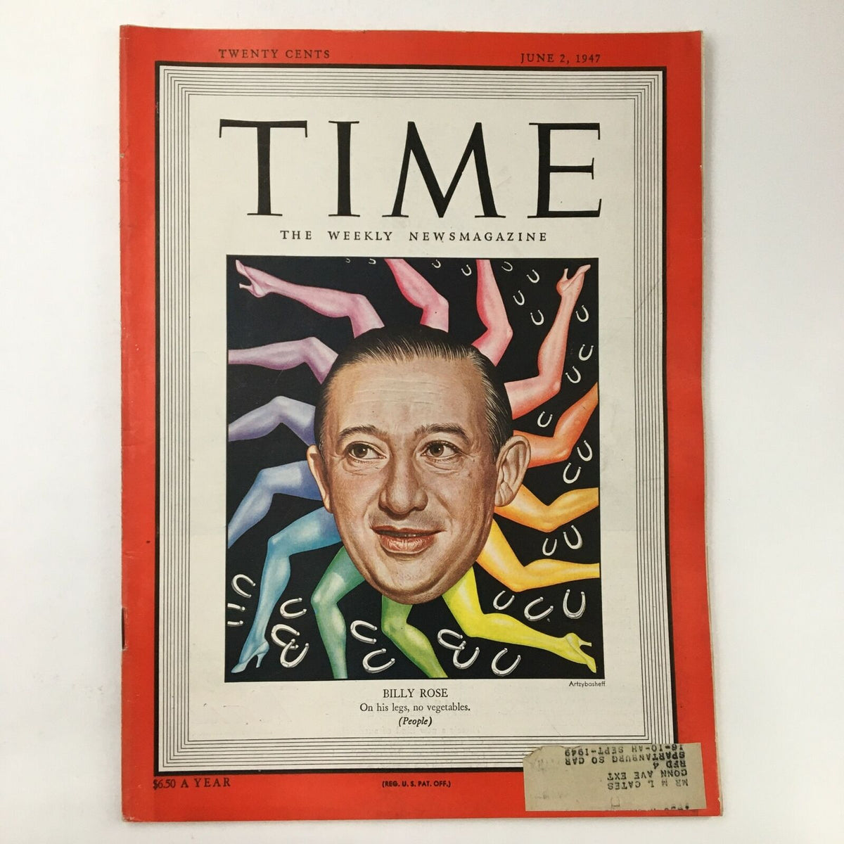 Cover of Time Magazine from June 2, 1947, Volume 49, Number 22 featuring Billy Rose with the caption 'On His Legs, No Vegetables'. The magazine showcases an artistic illustration with vibrant colors and design reflective of the 1940s era.
