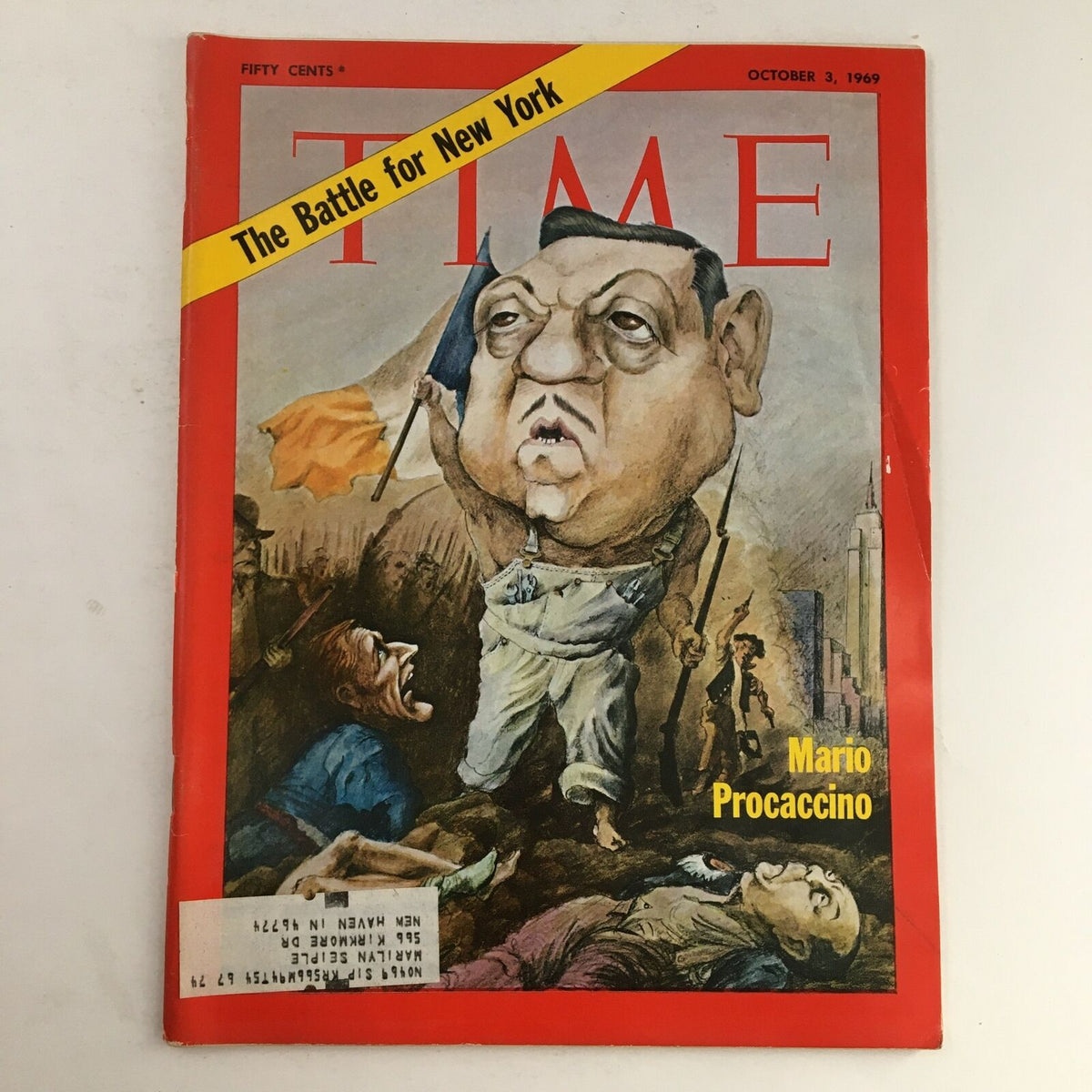 Time Magazine cover from October 3, 1969, featuring a caricature of Mario Procaccino with bold text 'The Battle for New York', highlighting the political climate of late 1960s New York.