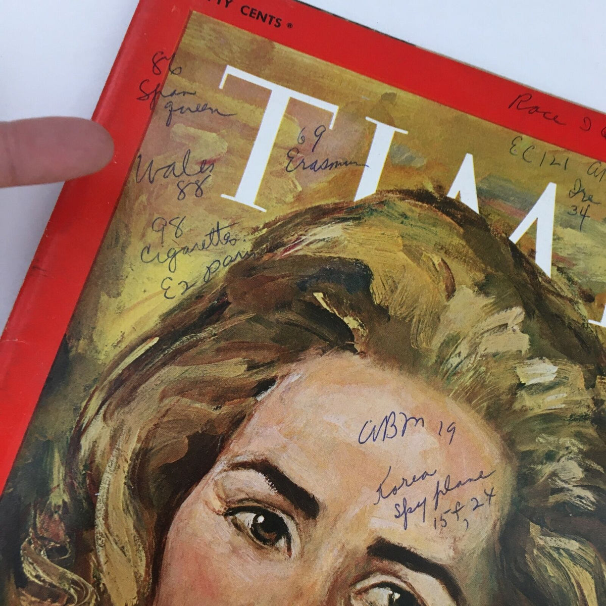 Close-up of Time Magazine April 25, 1969 cover featuring Ethel Kennedy portrait with handwritten notes and markings.