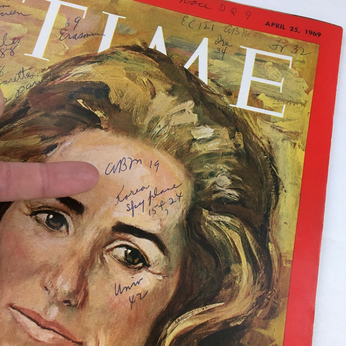 Detailed view of Time Magazine April 25, 1969 cover showing Ethel Kennedy portrait with visible handwritten annotations.
