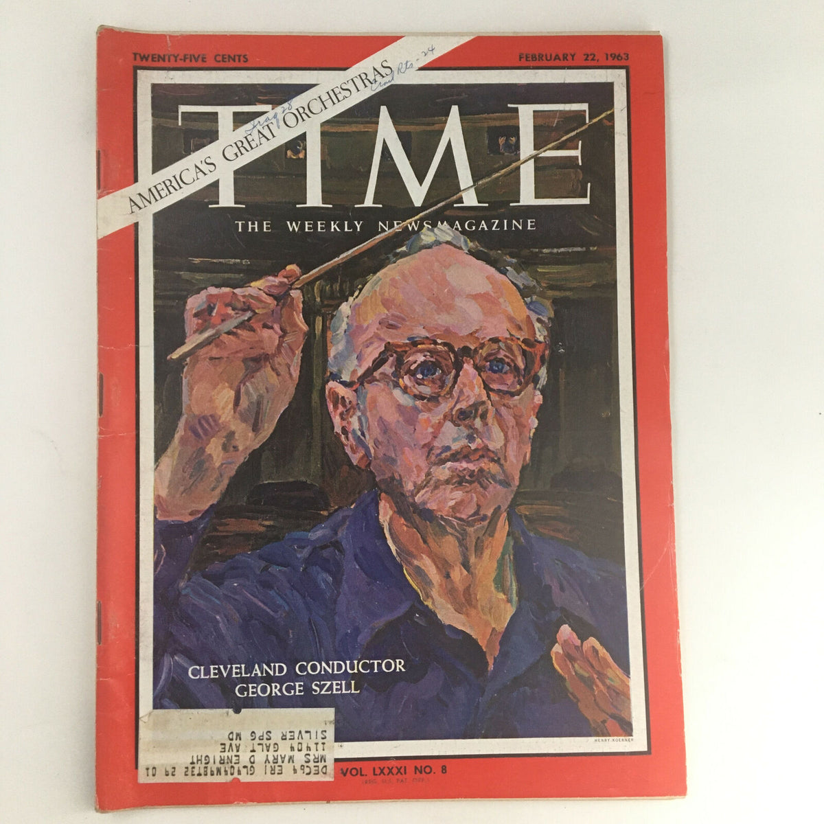 Cover of Time Magazine February 22, 1963, Vol. 81 No. 8 featuring Cleveland Conductor George Szell, showcasing a painted portrait with an artistically rendered style.