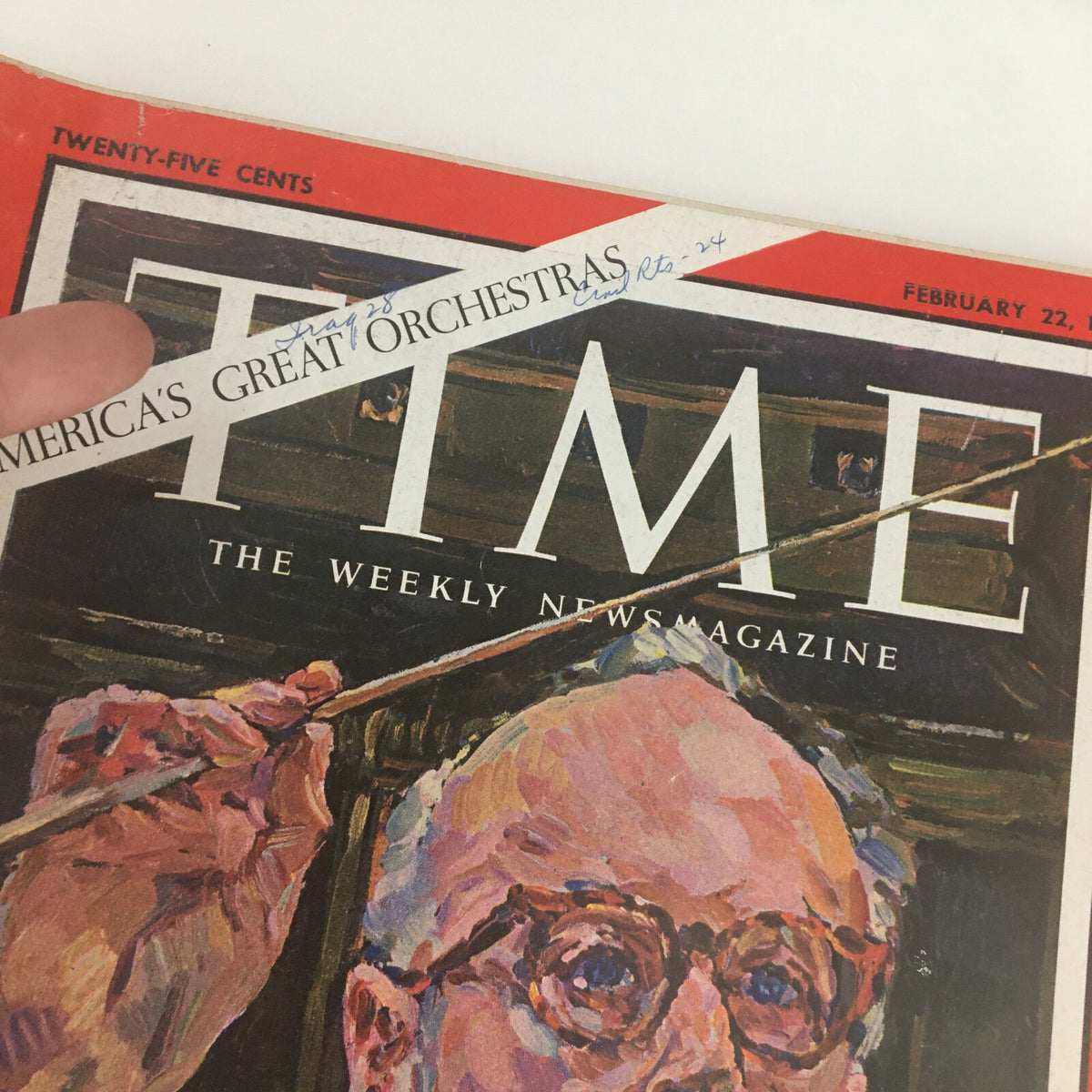 Close-up view of the Time Magazine cover from February 22, 1963, highlighting the title and details featuring Cleveland Conductor George Szell.