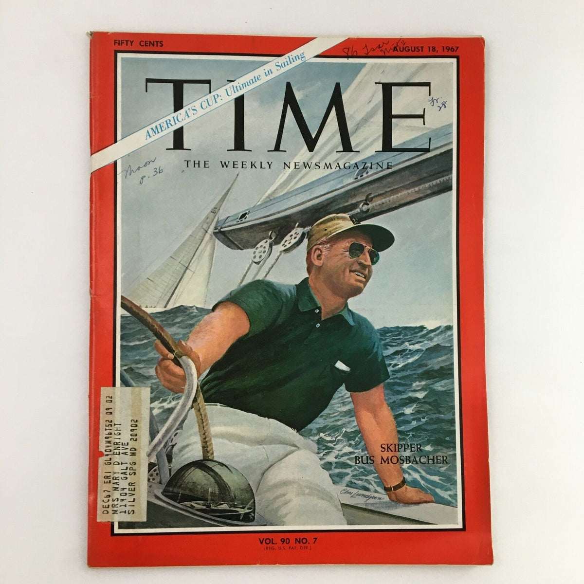 Vintage Time Magazine cover from August 18, 1967 featuring Skipper Bus Emil Mosbacher, showcasing a sailing theme with vibrant artwork and historical context.