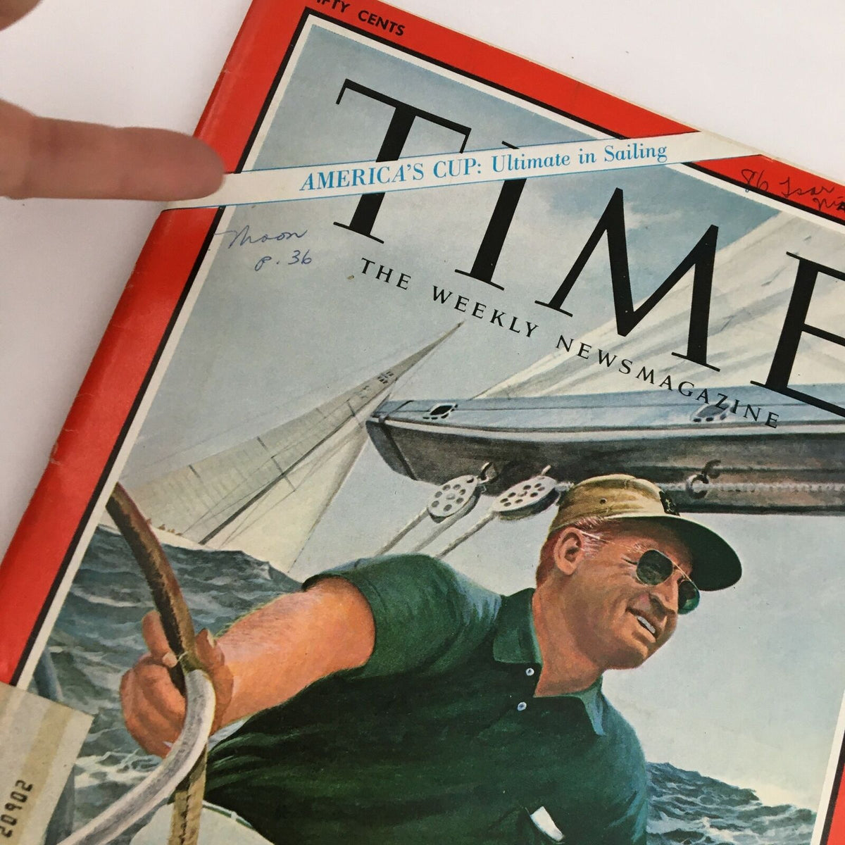 Close-up view of Time Magazine cover from August 18, 1967 highlighting the title 'America's Cup: Ultimate in Sailing' alongside Skipper Bus Emil Mosbacher.
