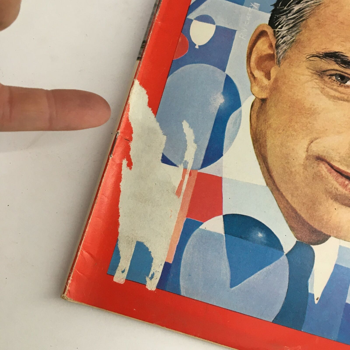 Close-up view of a vintage Time Magazine dated August 9, 1968, showing wear and a peeling section on the cover with a colorful design. This collectible issue features keynoter Dan Evans and highlights significant issues of the time.