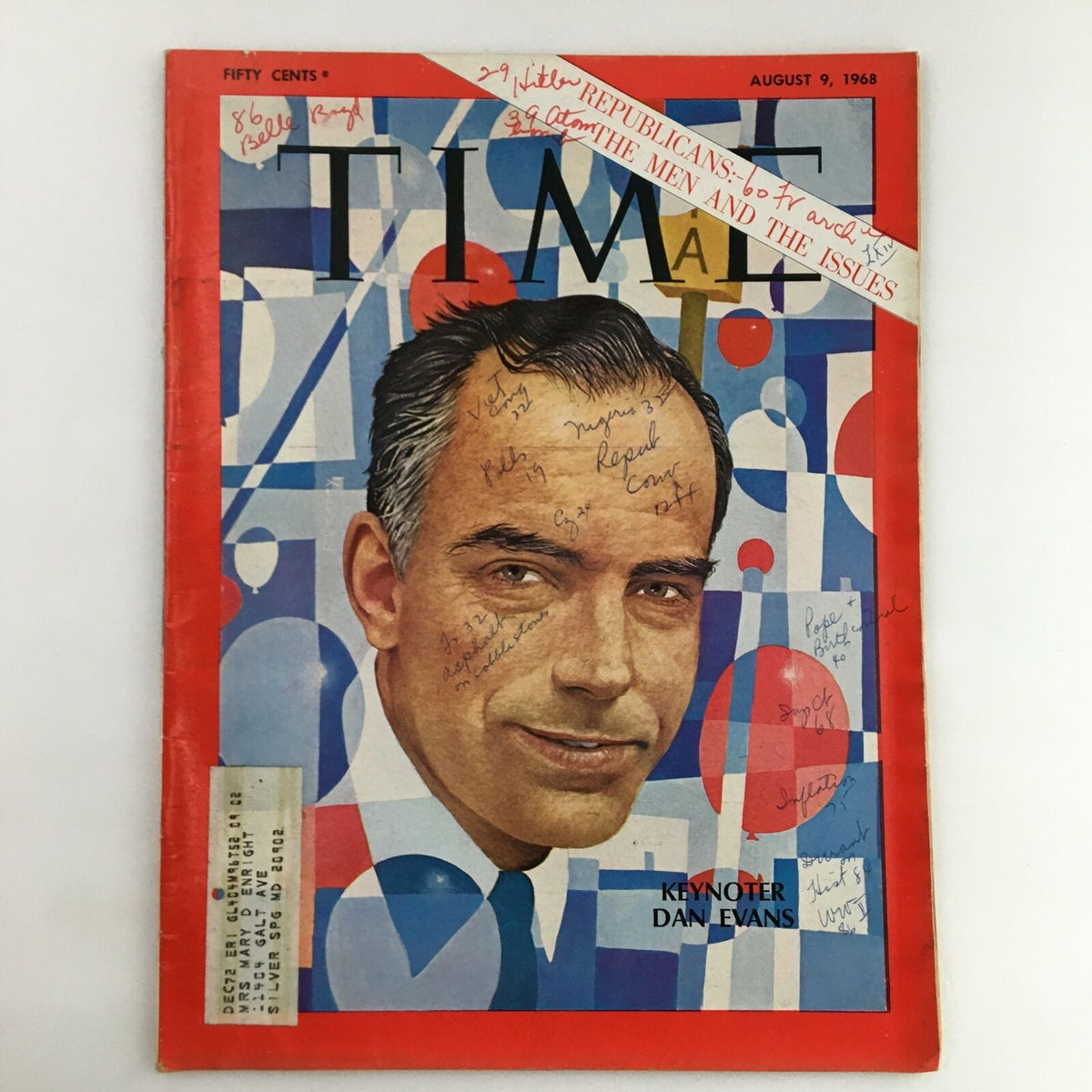 Time Magazine August 9, 1968 cover featuring Dan Evans, showcasing a vintage design with handwritten notes and an address label, highlighting the keynoter theme.