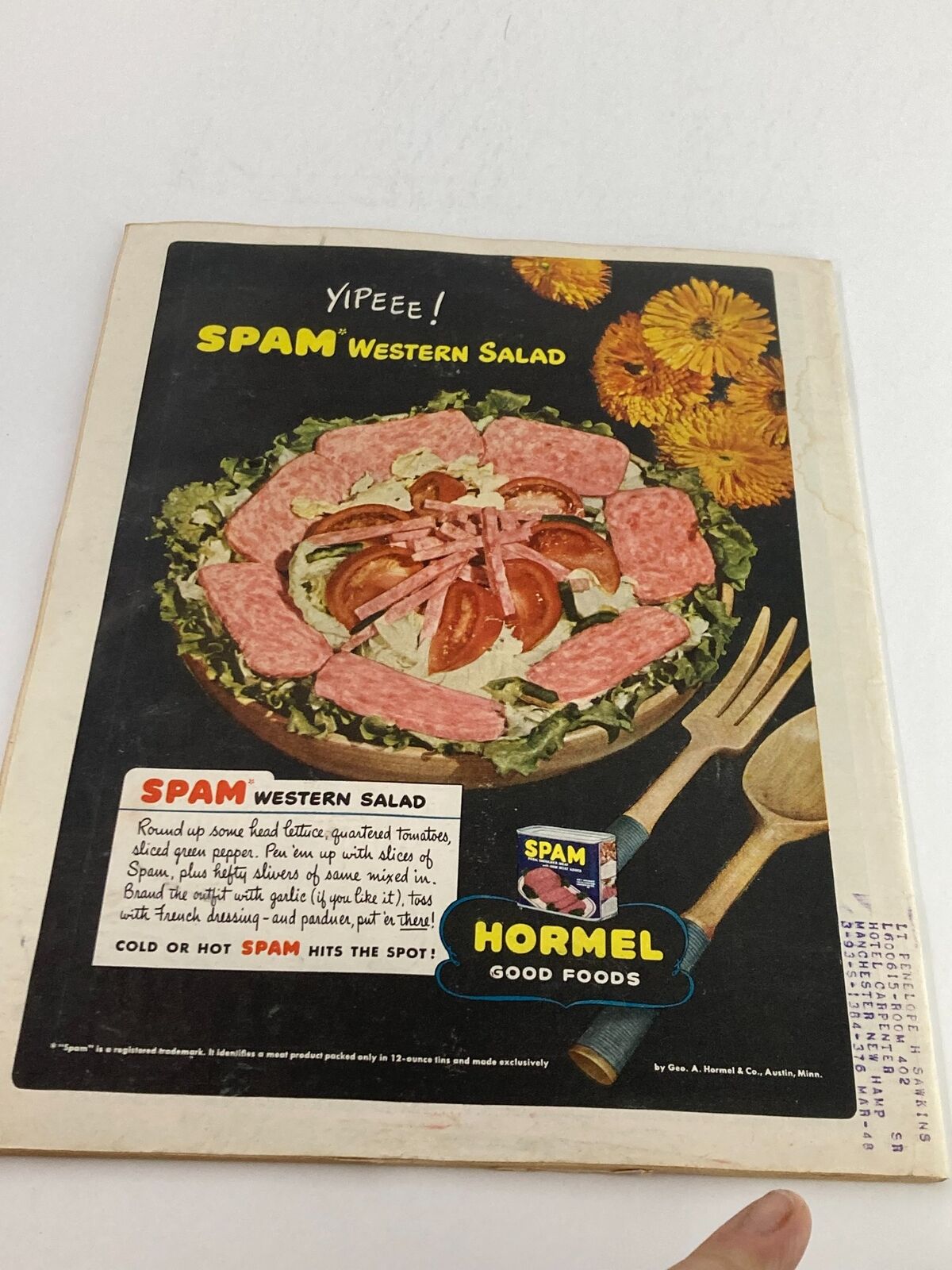 Image of a vintage SPAM Western Salad advertisement from the VTG Time Magazine July 9, 1945, showcasing a colorful salad with SPAM, tomatoes, and lettuce, highlighting the versatility of SPAM for cold or hot dishes.