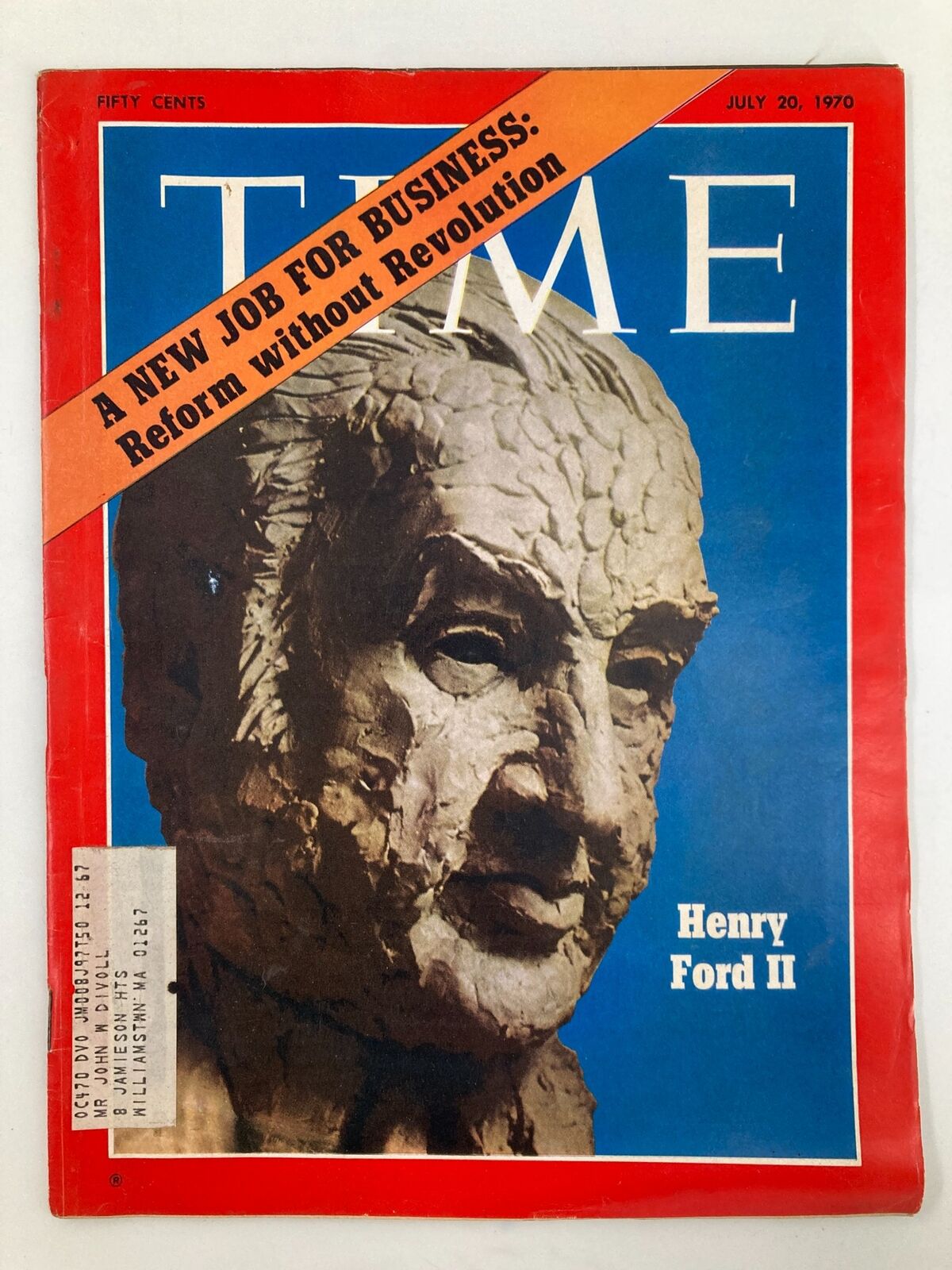 Cover of VTG Time Magazine from July 20, 1970, featuring Henry Ford II with the headline 'A New Job for Business: Reform without Revolution.' This vintage magazine showcases the era's automotive history and corporate leadership.