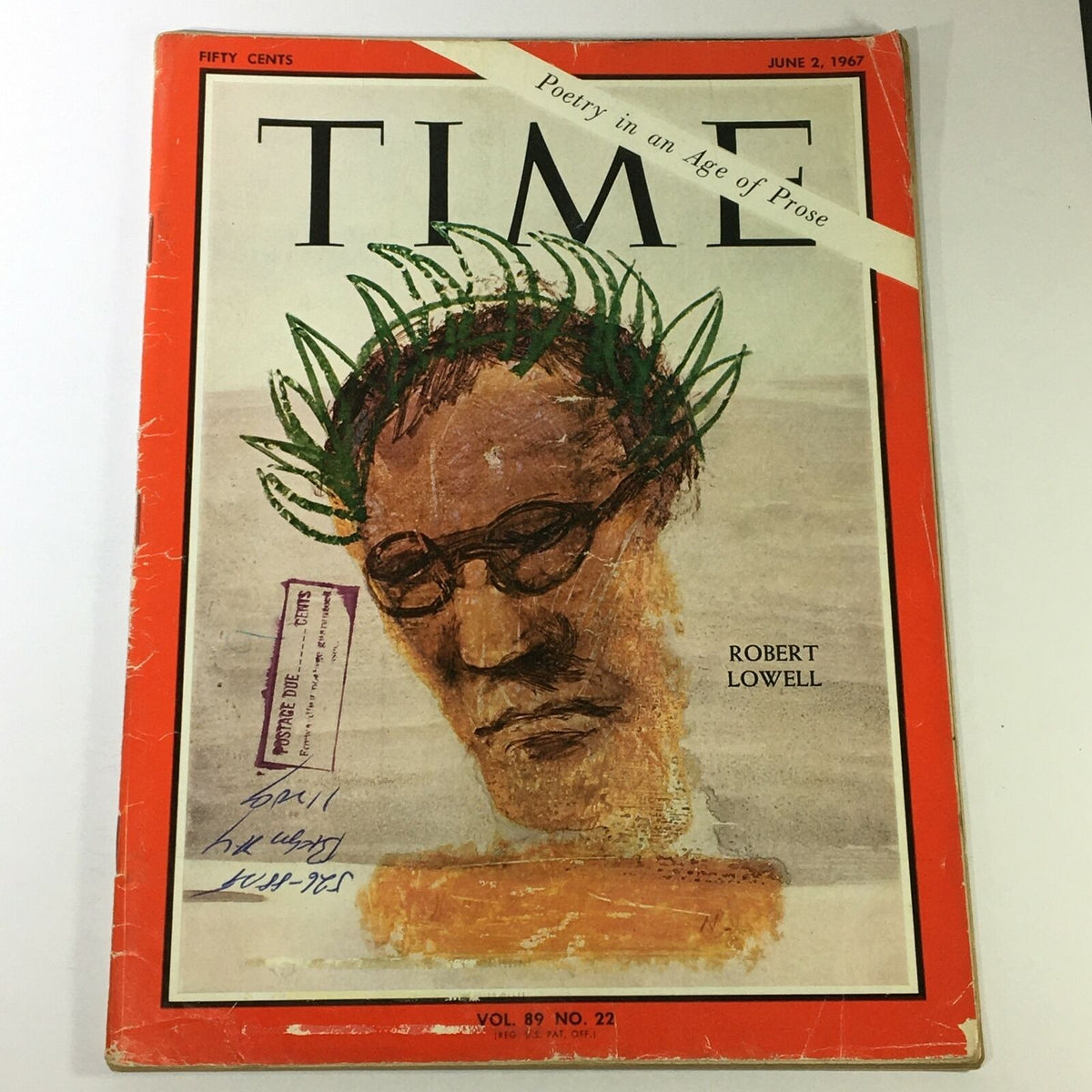 Vintage Time Magazine from June 2, 1967 featuring Robert Lowell on the cover, with the headline 'Poetry in an Age of Prose', showcasing artistic illustration and vintage details.