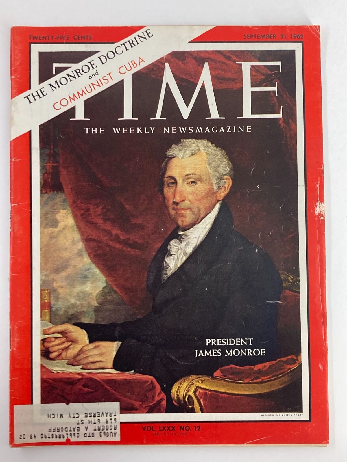 VTG Time Magazine Cover from September 21, 1962, featuring President James Monroe, highlighting the Monroe Doctrine and related topics.