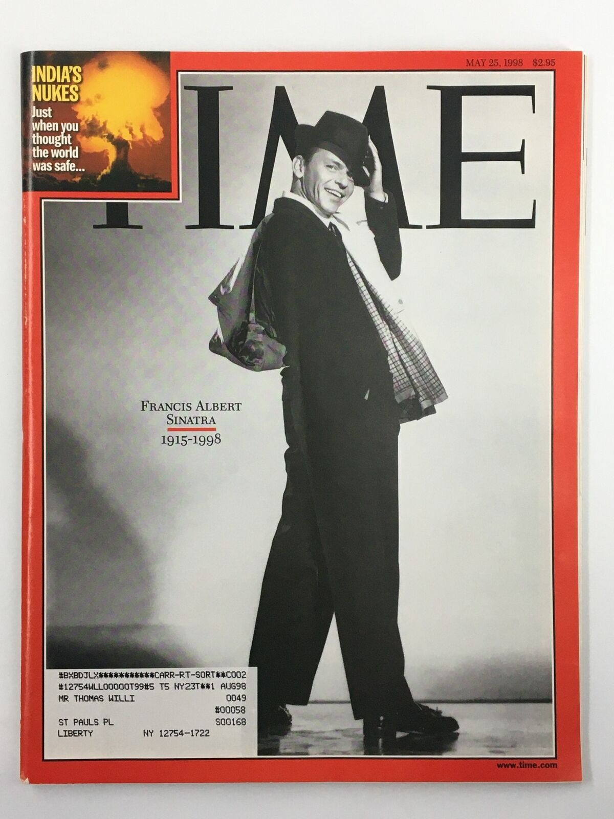 Cover of Time Magazine dated May 25, 1998, featuring Francis Albert Sinatra, celebrating his life and legacy, known as 'Ol Blue Eyes'.