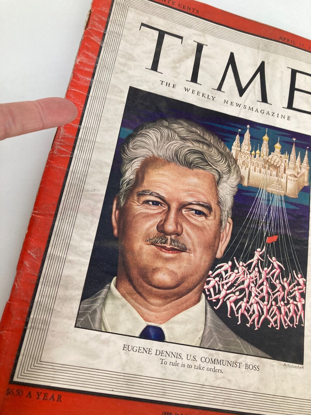 VTG Time Magazine April 25, 1949 featuring Eugene Dennis, U.S. Communist Boss cover art with a detailed illustration.