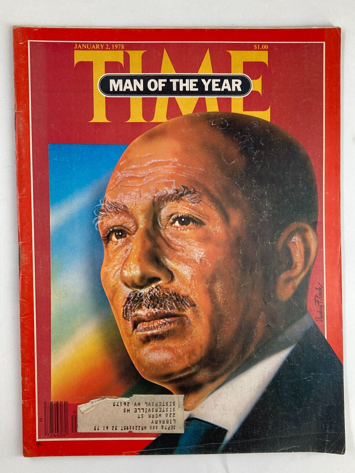 Cover of Time Magazine from January 2, 1978, featuring Anwar Sadat as Man of the Year, showcasing a portrait of Sadat with vibrant colors, celebrating his significant impact on Middle Eastern politics.