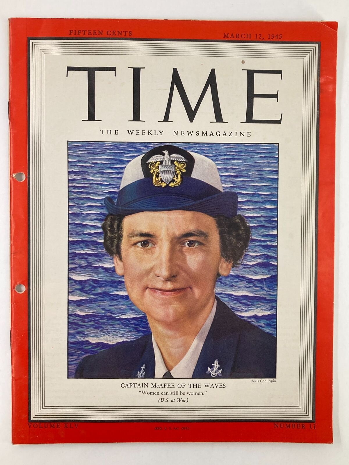Vintage Time Magazine March 12, 1945 cover featuring Captain McAfee Of The Waves, showcasing a portrait of the captain with an ocean backdrop.