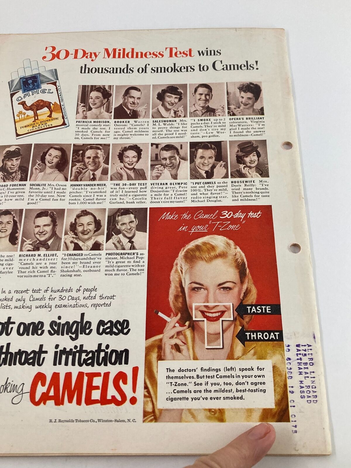 Vintage advertisement from Time Magazine August 1 1949 featuring a Camel cigarette promotion and testimonials of smokers, showcasing a woman smiling with a cigarette, linked to the issue with General Jean De Lattre De Tassigny on the cover.