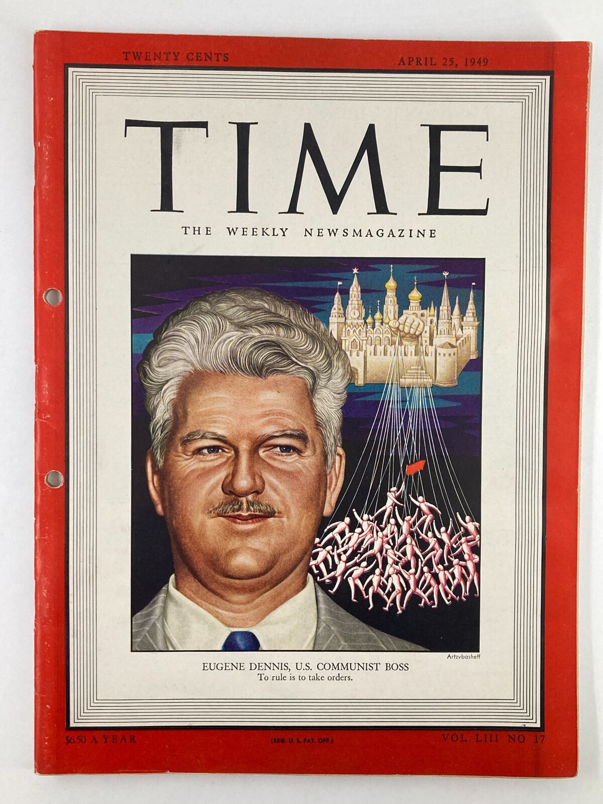 VTG Time Magazine April 25 1949 Vol 53 #17 featuring Eugene Dennis, U.S. Communist Boss on the cover, showcasing historical political imagery from the Cold War era.