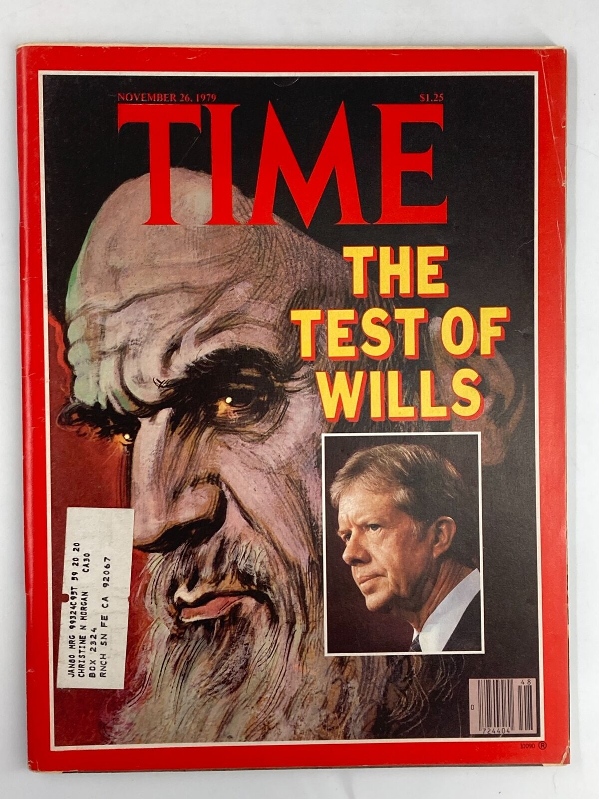 Cover of VTG Time Magazine dated November 26, 1979, featuring the title 'The Test of Wills' along with an illustration of a bearded man and a portrait of Jimmy Carter.