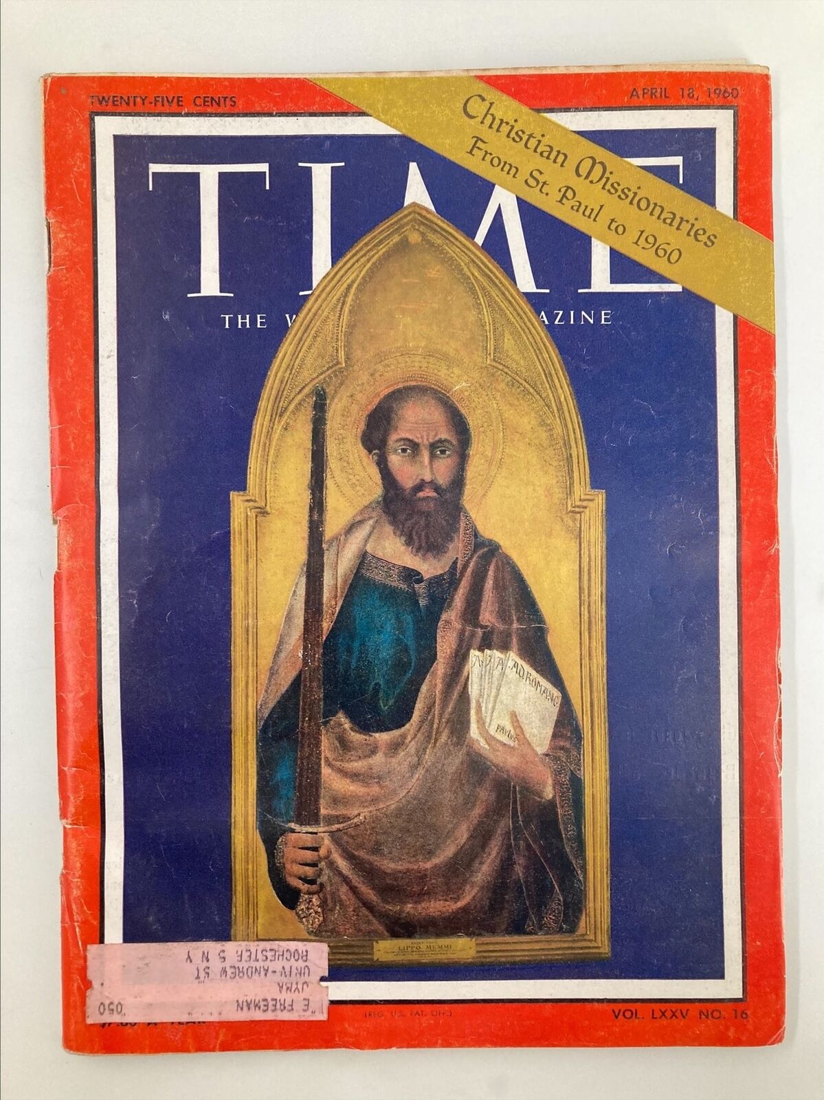 VTG Time Magazine April 18 1960 featuring Christian Missionaries from St. Paul to 1960, Volume 75 Issue 16, showcasing a historic cover image with religious themes.