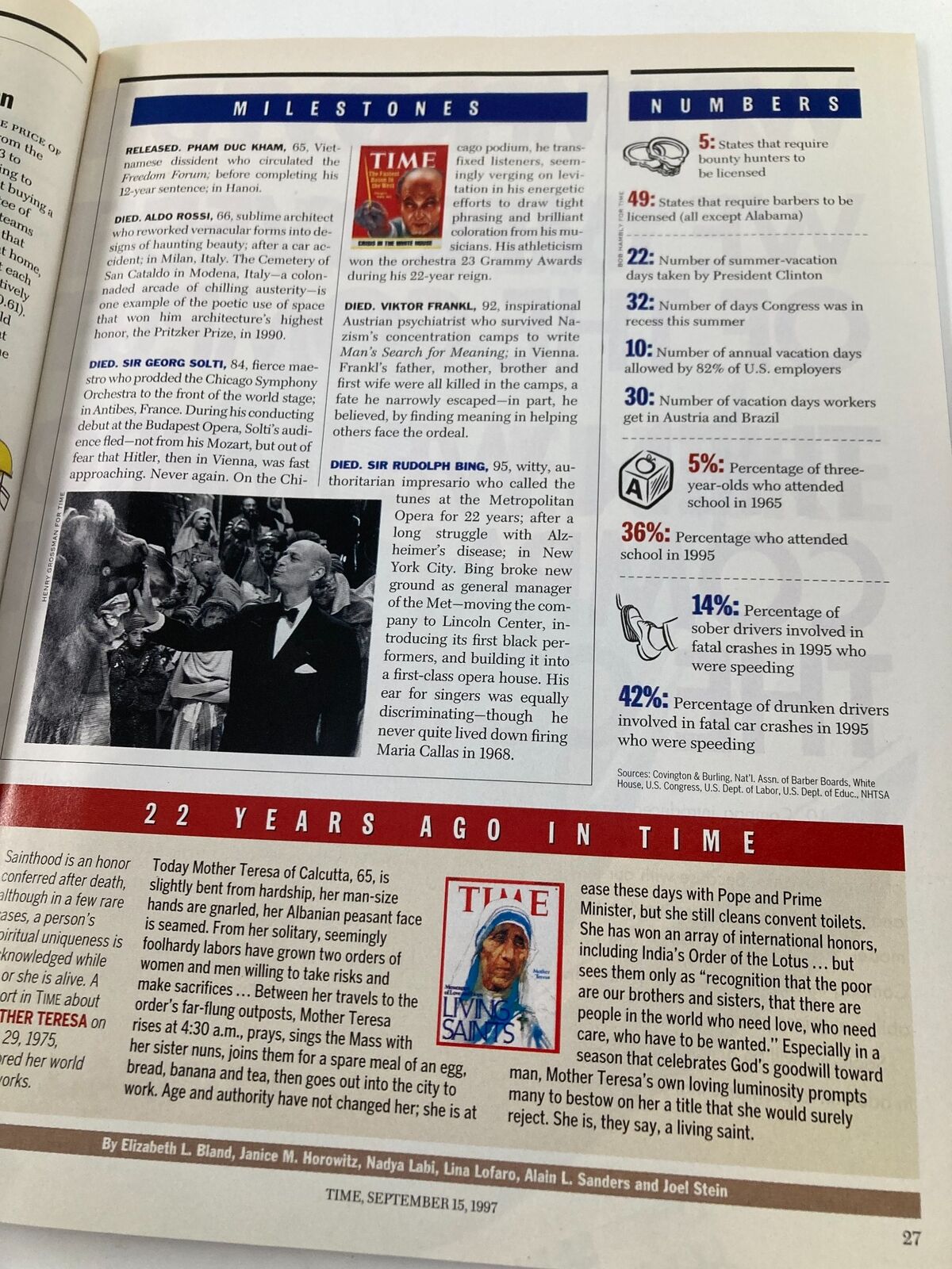 Milestones section from Time Magazine September 15 1997, detailing significant historical figures and events from the past, including noted achievements.