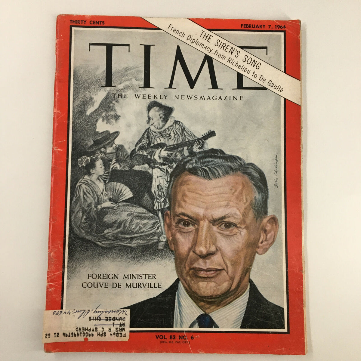 VTG Time Magazine February 7 1964 Vol 83 #6 featuring Foreign Minister Couve de Murville on the cover, showcasing political themes from the 1960s.