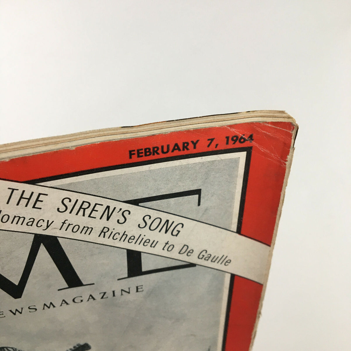 Close-up of the cover page of VTG Time Magazine February 7 1964 Vol 83 #6, showcasing the date and headline 'The Siren's Song: Diplomacy from Richelieu to De Gaulle'.