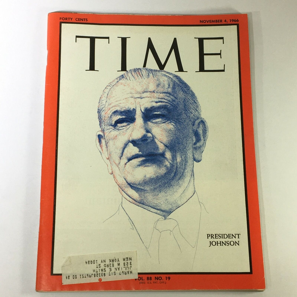 Cover of VTG Time Magazine from November 4, 1966, Volume 18 Number 19, featuring President Lyndon B. Johnson. The magazine highlights a historical narrative on LBJ's presidency with notable artwork and an address label.