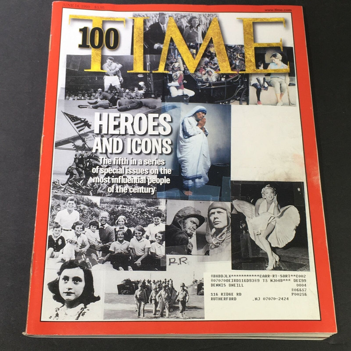 VTG Time Magazine June 14 1999 featuring '100 Heroes & Icons' with a collage cover highlighting various influential figures, including Marilyn Monroe.