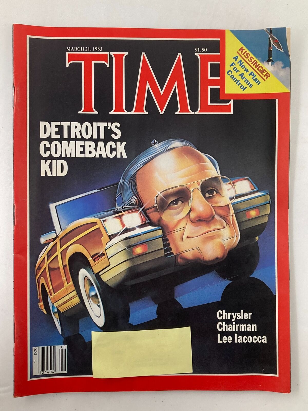 Cover of Time Magazine dated March 21, 1983 featuring the title 'Detroit's Comeback Kid'. The cover highlights Chrysler Chairman Lee Iacocca, depicting him alongside a vintage automobile, reflecting the automotive industry's revival in Detroit during the early 1980s.