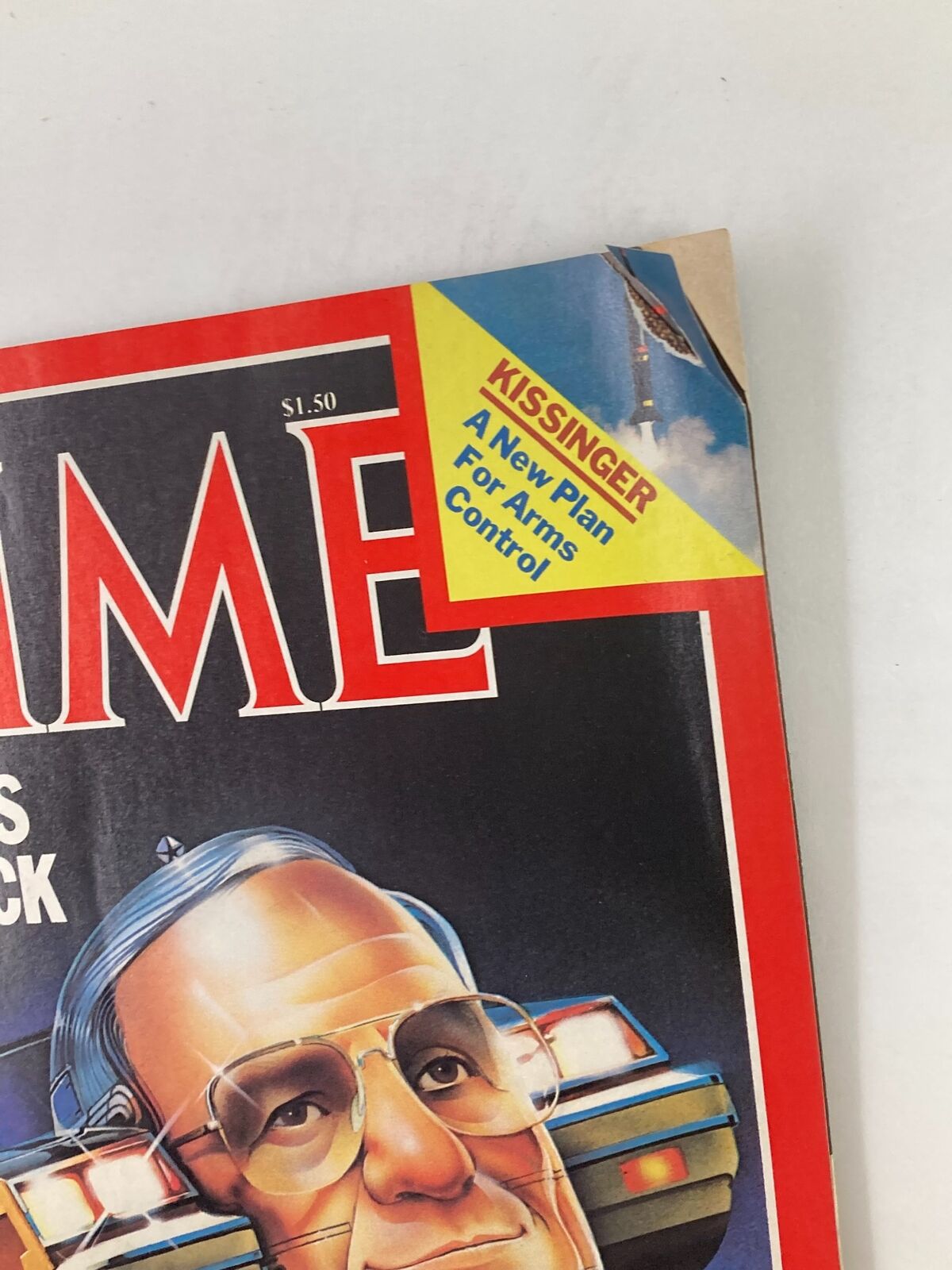 Cover of Time Magazine from March 21, 1983 featuring Chrysler Chairman Lee Iacocca, highlighting his role in the Detroit comeback, with a colorful title banner showcasing news on Kissinger.