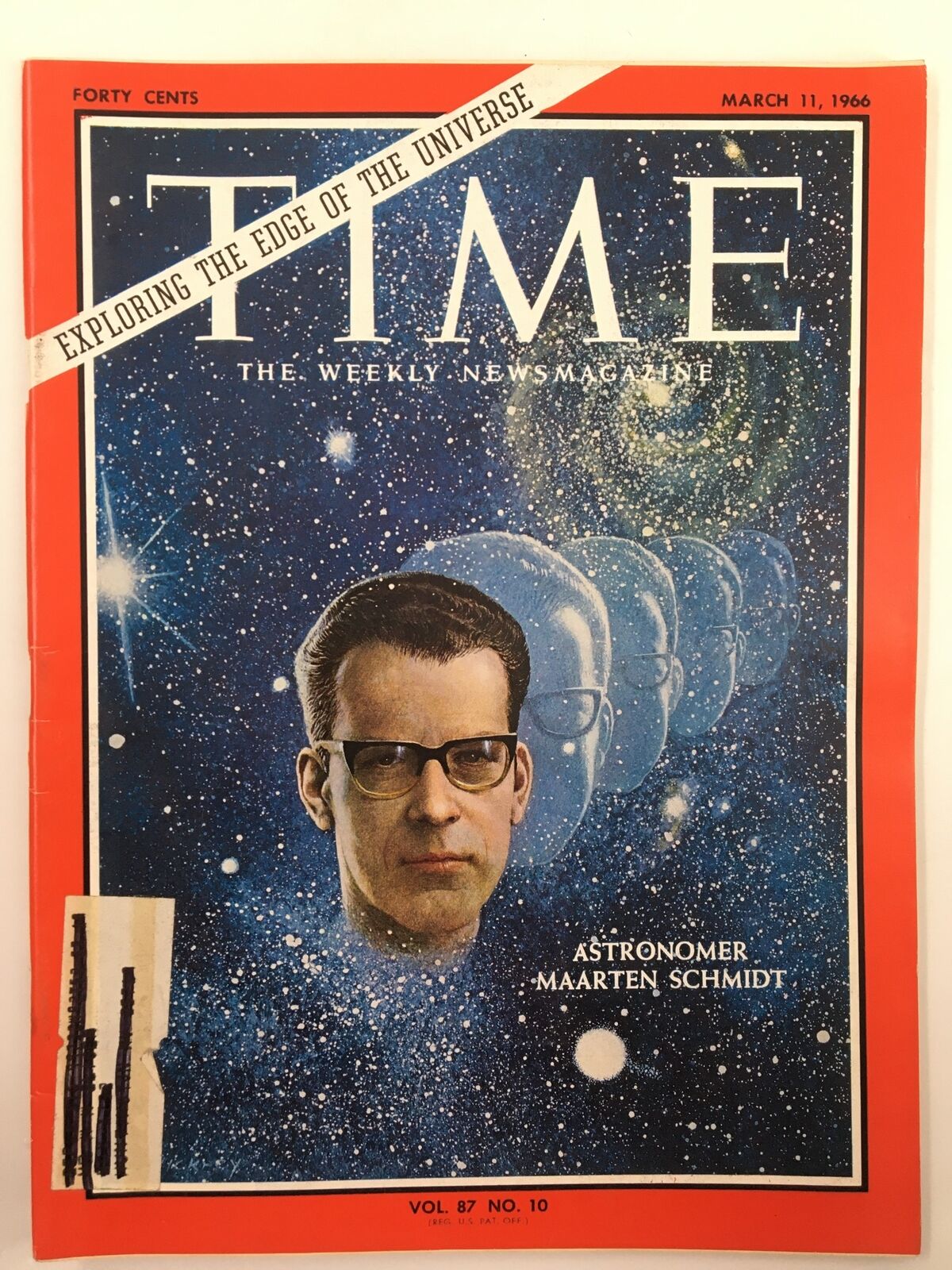 Cover of VTG Time Magazine March 11 1966 Vol 87 #10 featuring astronomer Maarten Schmidt, showcasing a cosmic background with stars and planets, highlighting the theme 'Exploring the Edge of the Universe'.