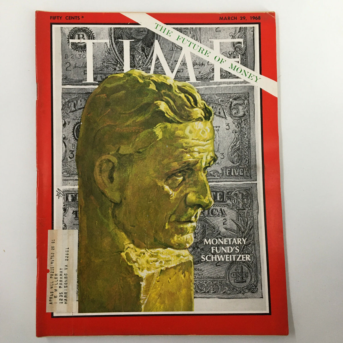 VTG Time Magazine March 29 1968 cover featuring a sculpture of Schweitzer with the headline 'The Future of Money' and a backdrop of U.S. currency.