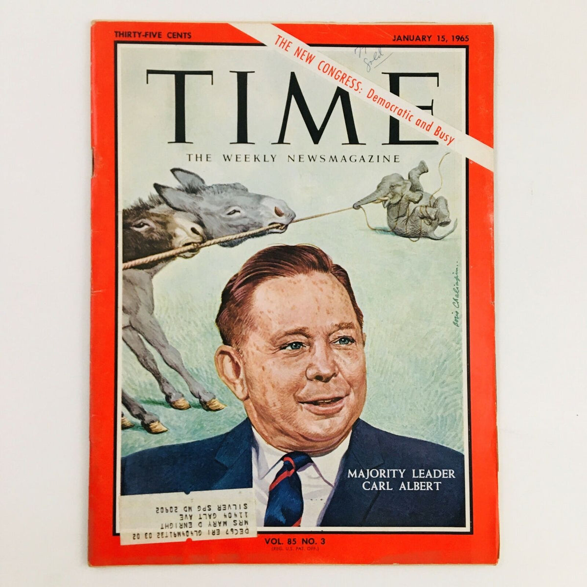Cover of Time Magazine January 15, 1965, featuring Majority Leader Carl Albert and a political cartoon with donkeys and elephants, Volume 85, No. 3.