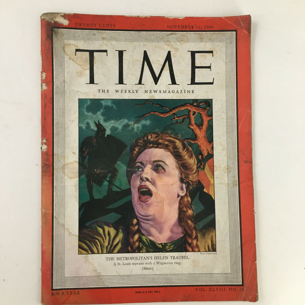 Cover of Time Magazine from November 11, 1946, featuring The Metropolitan's Helen Traubel, an iconic image showcasing the opera singer's powerful presence amidst dramatic artwork.