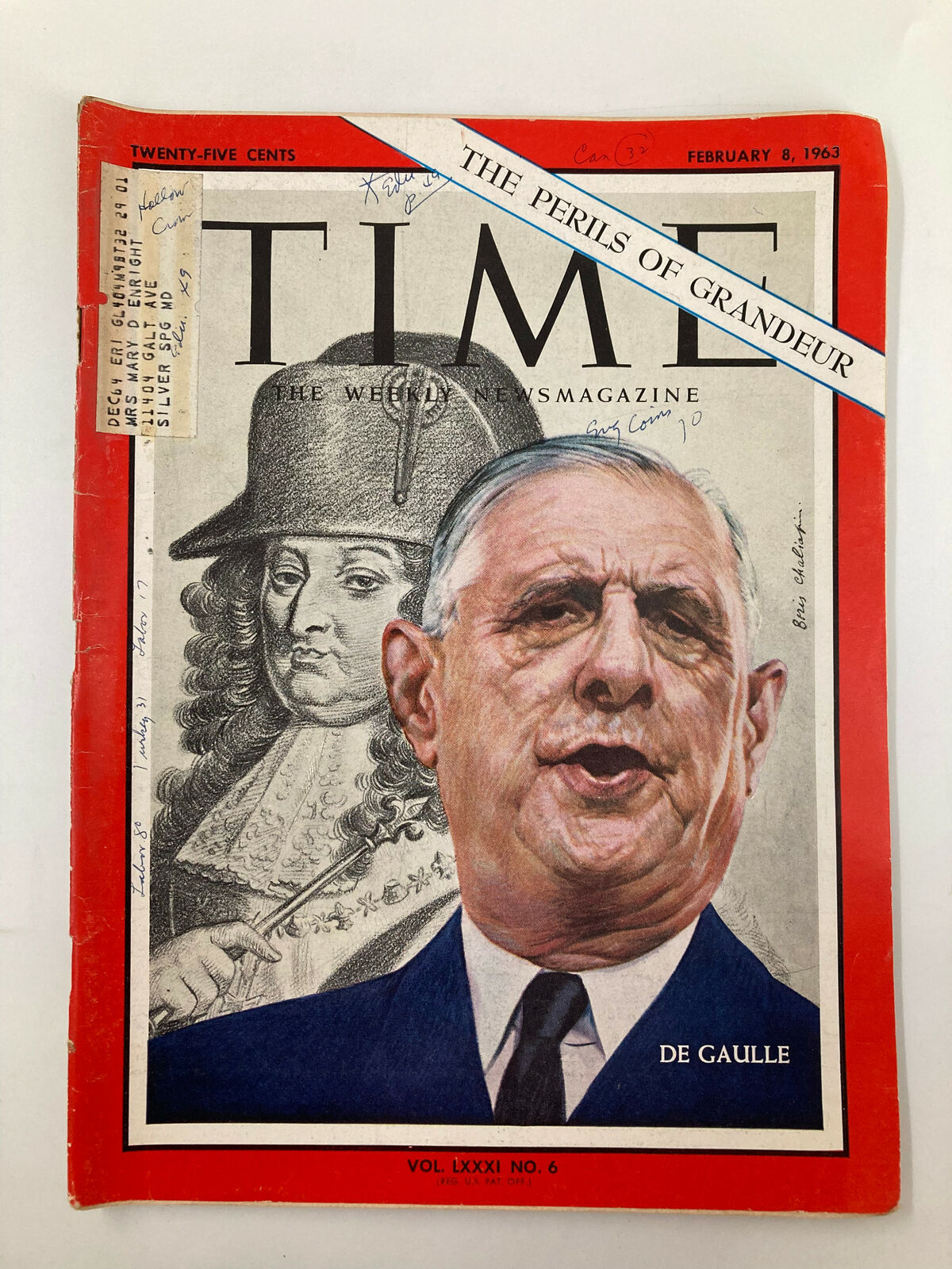 Vintage Time Magazine cover from February 8, 1963, featuring Charles de Gaulle and the headline 'The Perils of Grandeur'.